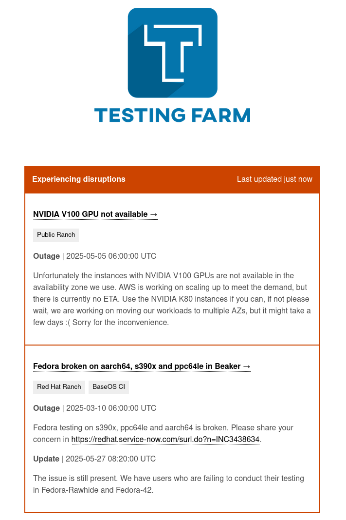 Testing Farm Status Page