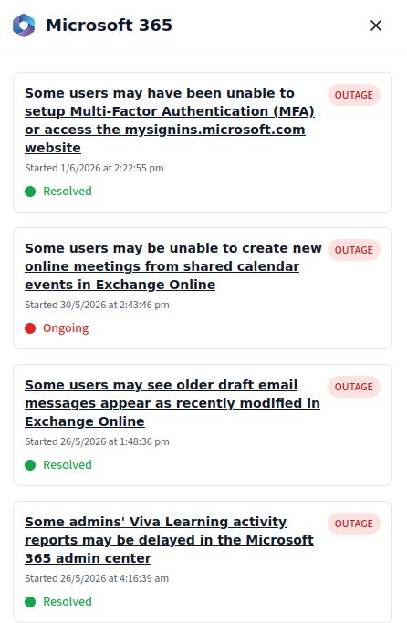 Microsoft 365 incidents in the IncidentHub dashboard