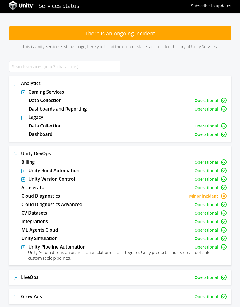 Unity Status Page