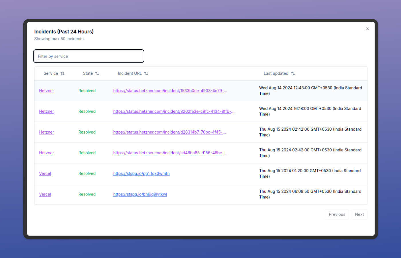 View Incidents Popup